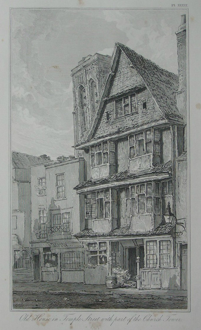 Etching - Old House in Temple Street with part of the Church Tower. - Skelton