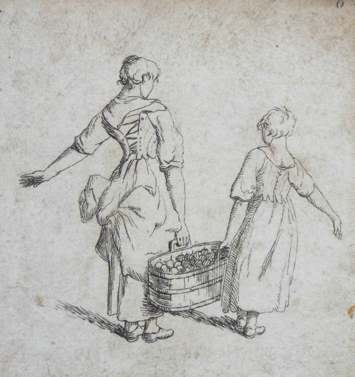 Etching - 2 peasant girls carrying a bucket of apples
