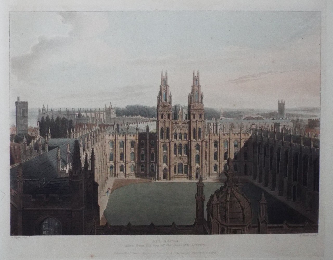 Aquatint - All Souls, taken from the top of the Radcliffe Library. - Bluck