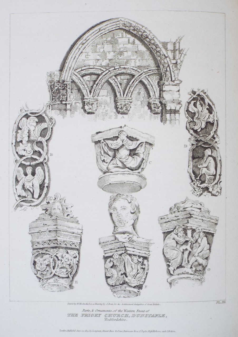Print - Parts & Ornaments of the Western Front of the Priory Church, Dunstaple, Bedfordshire. - Woolnoth