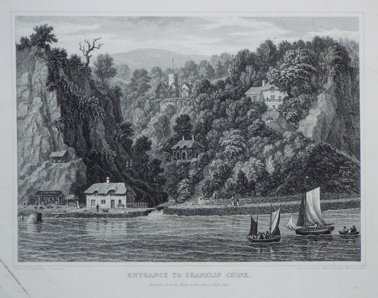 Print - Entrance to Shanklin Chine, Sketched off on the Water at the time of High Tide. - Brannon