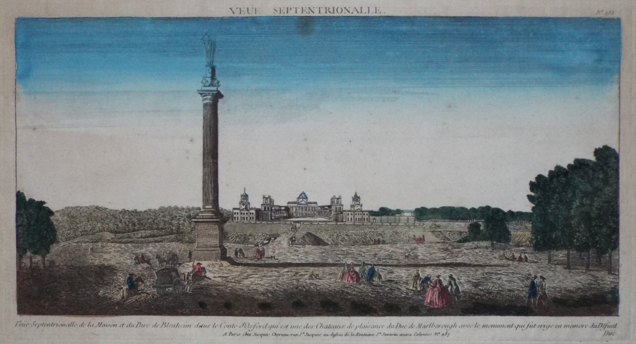 Print - Veue Septentrinalle de la Maison et du Parc de Blenheim dans le Conte d'Oxford qui est une des Chateaux de plaisance du Duc de Marlborough avec le monumentqui fut erige en memore du DefuntDuc.