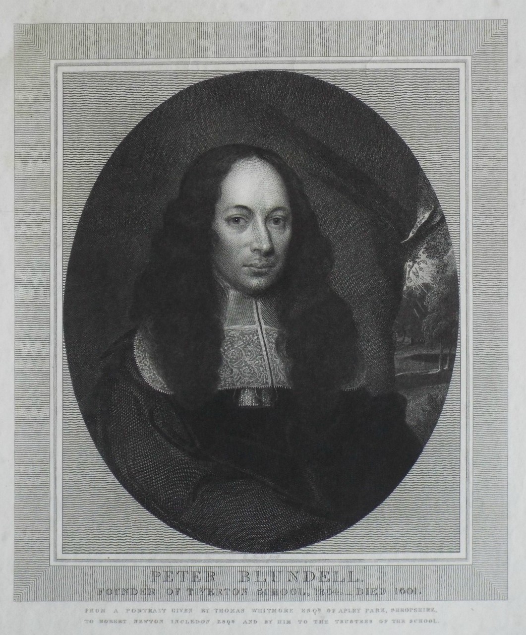 Print - Peter Blundell Founder of Tiverton School, 1604. Died 1601. From a portrait given by Thomas Whitmore Esqr. of Apley Park, Shropshire, to Robert Newton Incledon Esqr and by him to the Trustees of the School. - Smith
