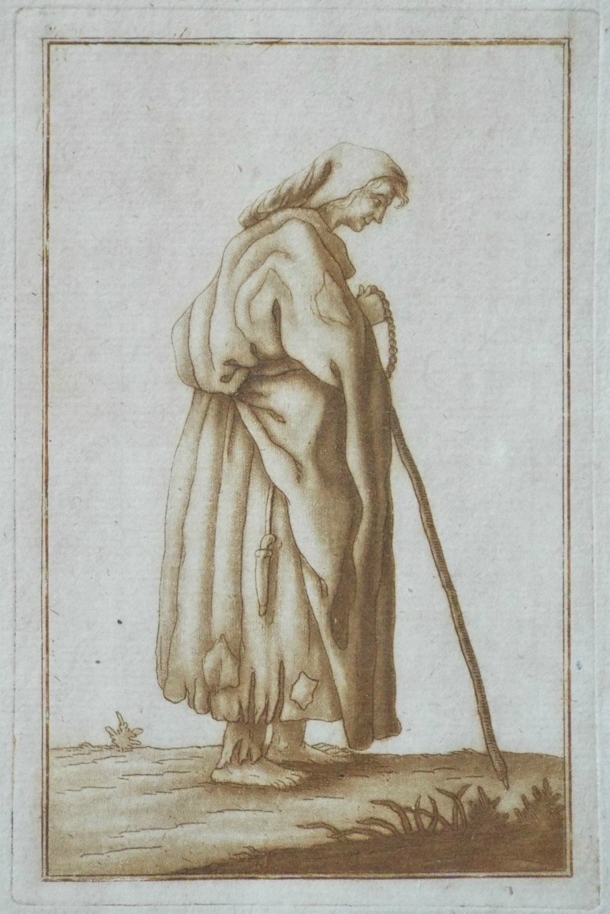 Mezzotint - Bare footed female figure with a stick.