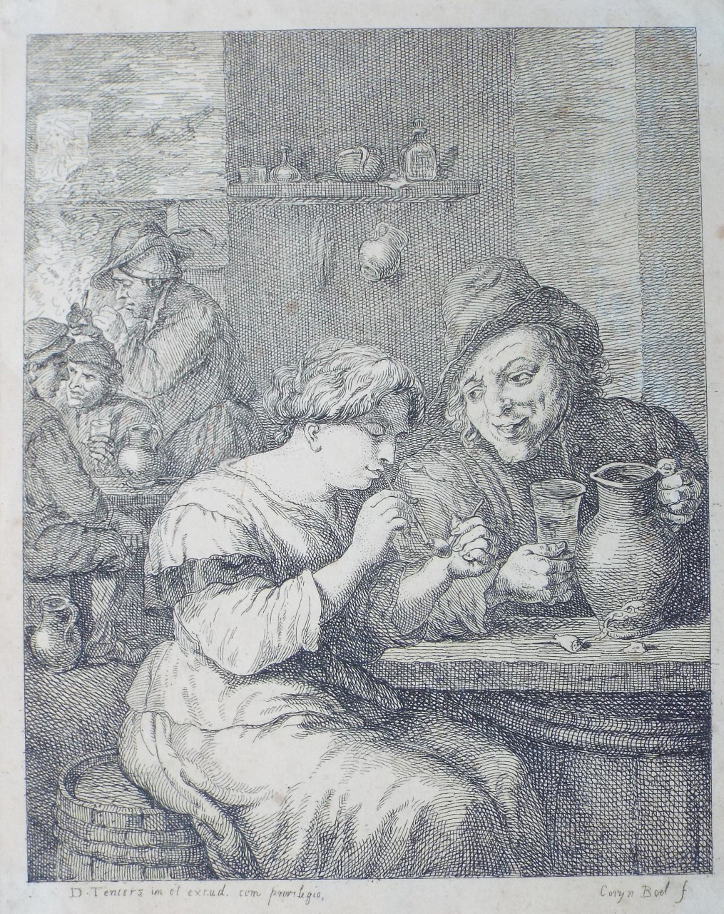 Etching - Interior of an inn with a peasant woman lighting a pipe  - Boel