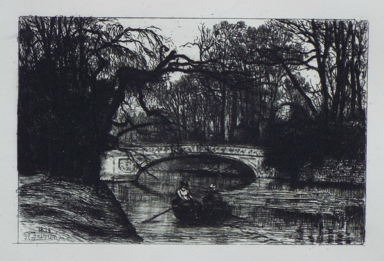 Etching - Garret Hostel Bridge, view from Clare College - Farren