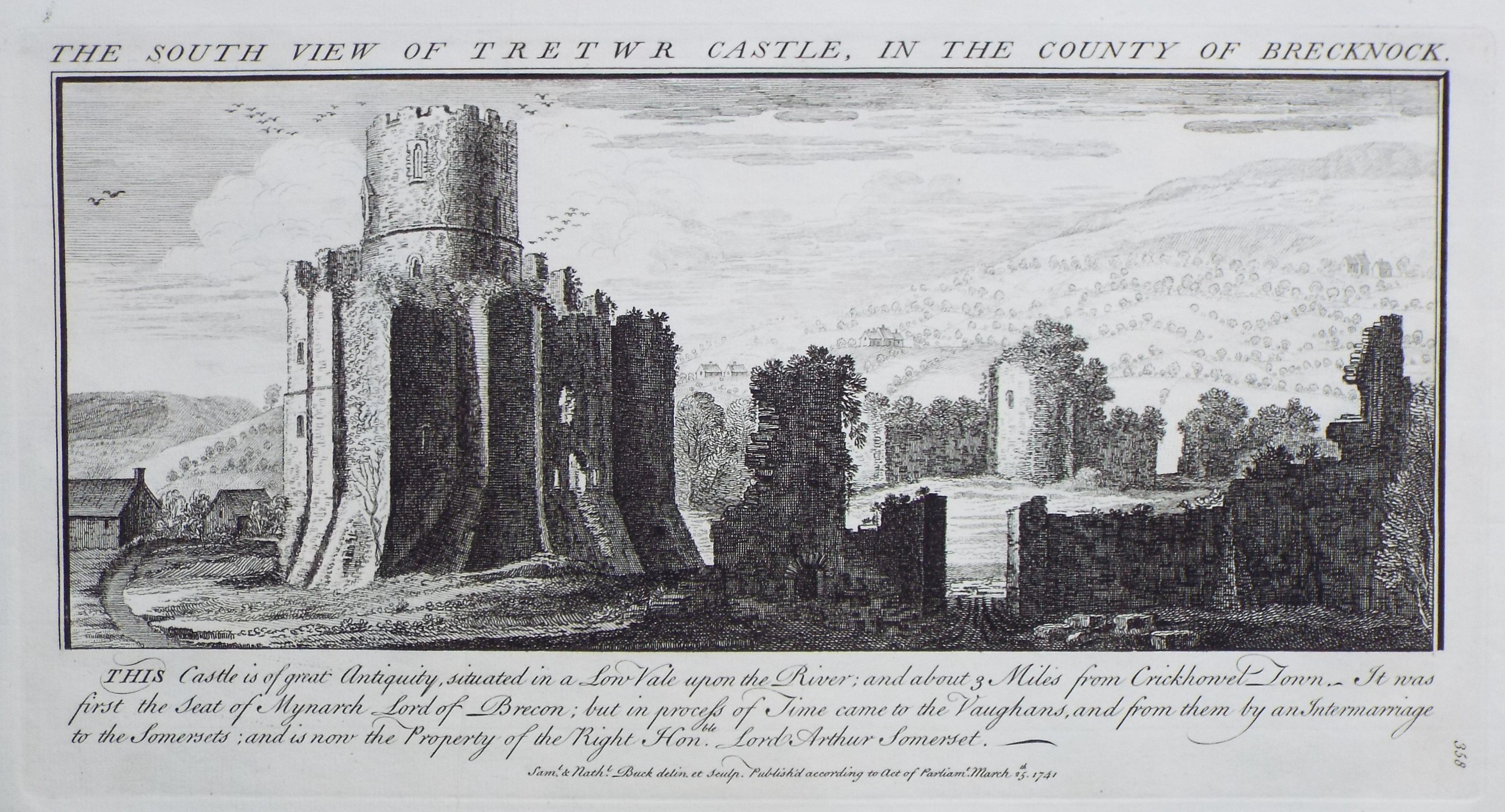Print - The South View of Tretwr Castle, in the County of Brecknock. - Buck