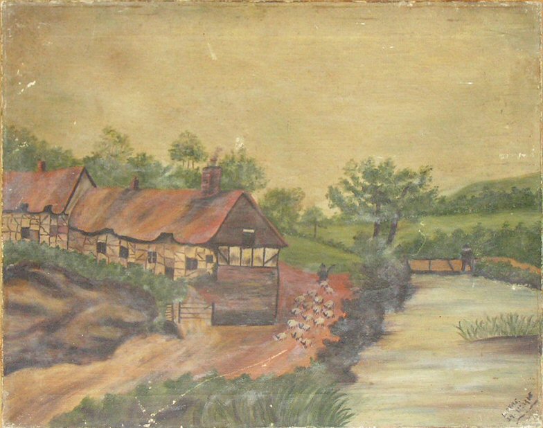Oil painting - (Cottages beside a river)