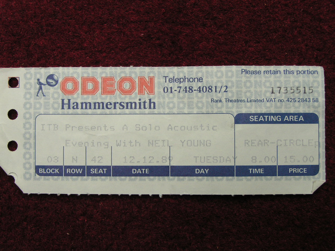 Ticket Stub - An Evening with Neil Young Hammersmith Odeon 12/12/89