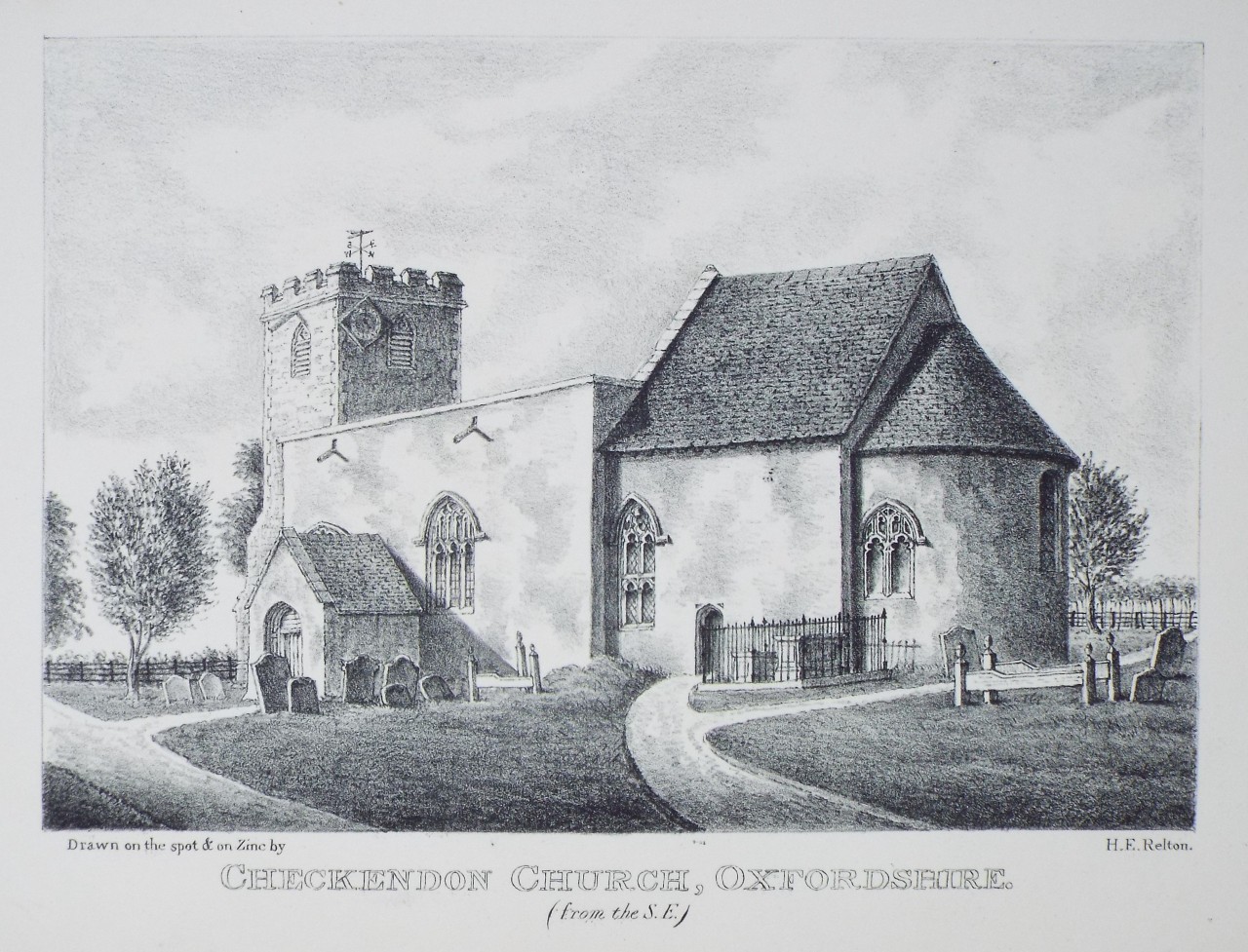 Zinc Lithograph - Checkendon Church, Oxforshire. (from the S.E.) - Relton