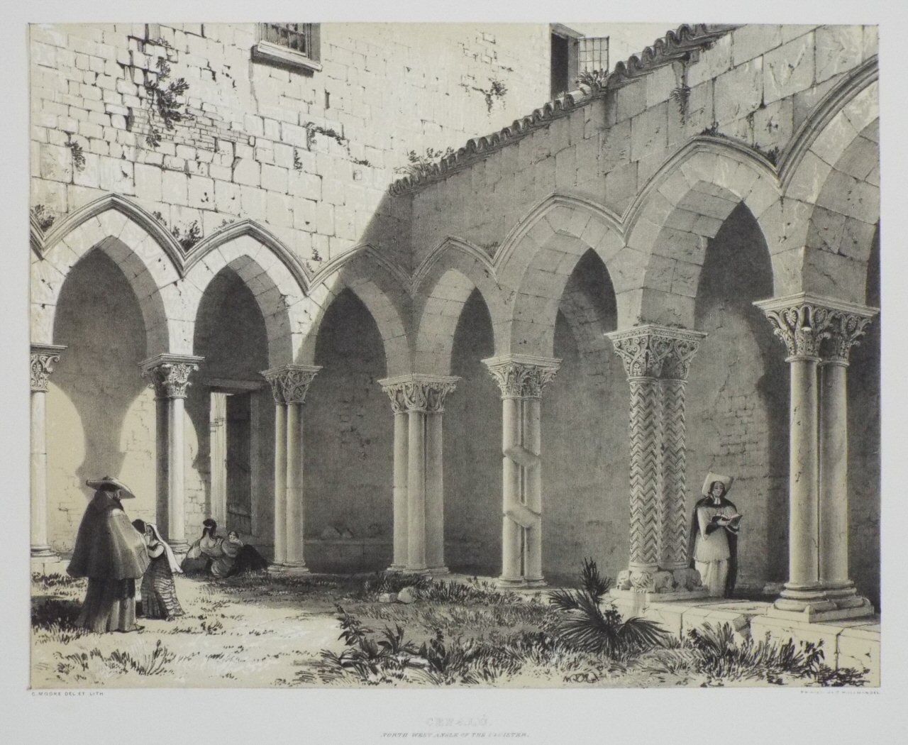 Lithograph - Cefalu. North West Angle of the Cloister. - Moore