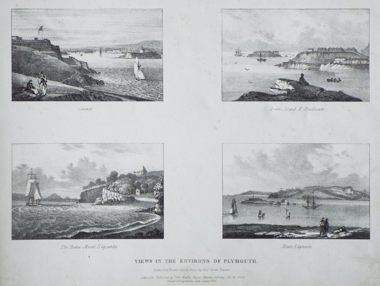 Lithograph - Views in the environs of Plymouth. Catwater, Drake's Island & Breakwater, The Ruins Mount Edgcumbe, Mount Edgecumbe - Rowe