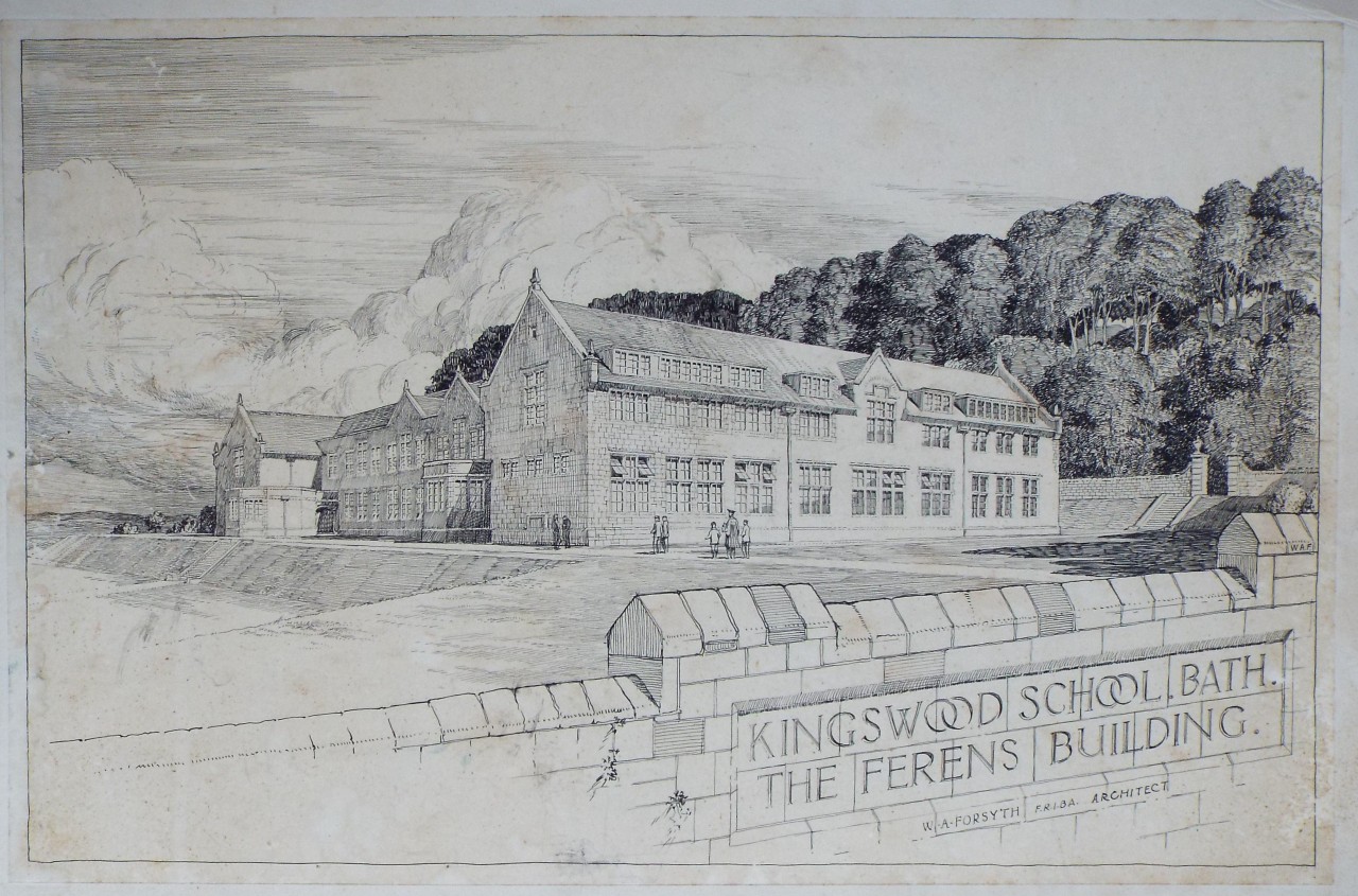 Ink drawing - Kingswood School, Bath. The Ferns Building. W. A. Forsyth F.R.I.B.A. Architect
