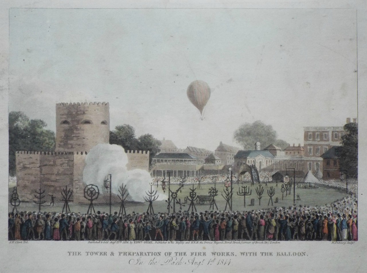 Aquatint - The Tower & Preparation of the Fire Works, with the Balloon. In the Park Augt. 1st 1814. - Dubourg