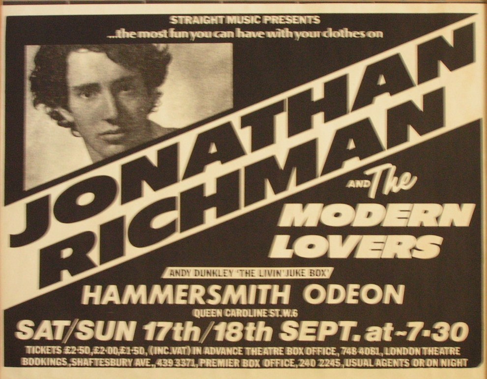 Poster - Jonathan Richman and the Modern Lovers. Hammersmith Odeon. 18th September. Straight Music.