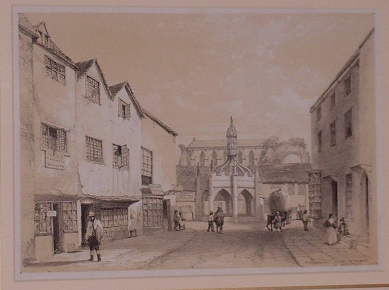 Lithograph - Malmesbury Cross & Abbey - 