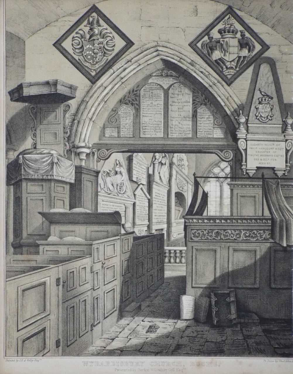 Lithograph - Wyradisbury Church, Bucks. Presented by Gordon Willoughby Esqre.