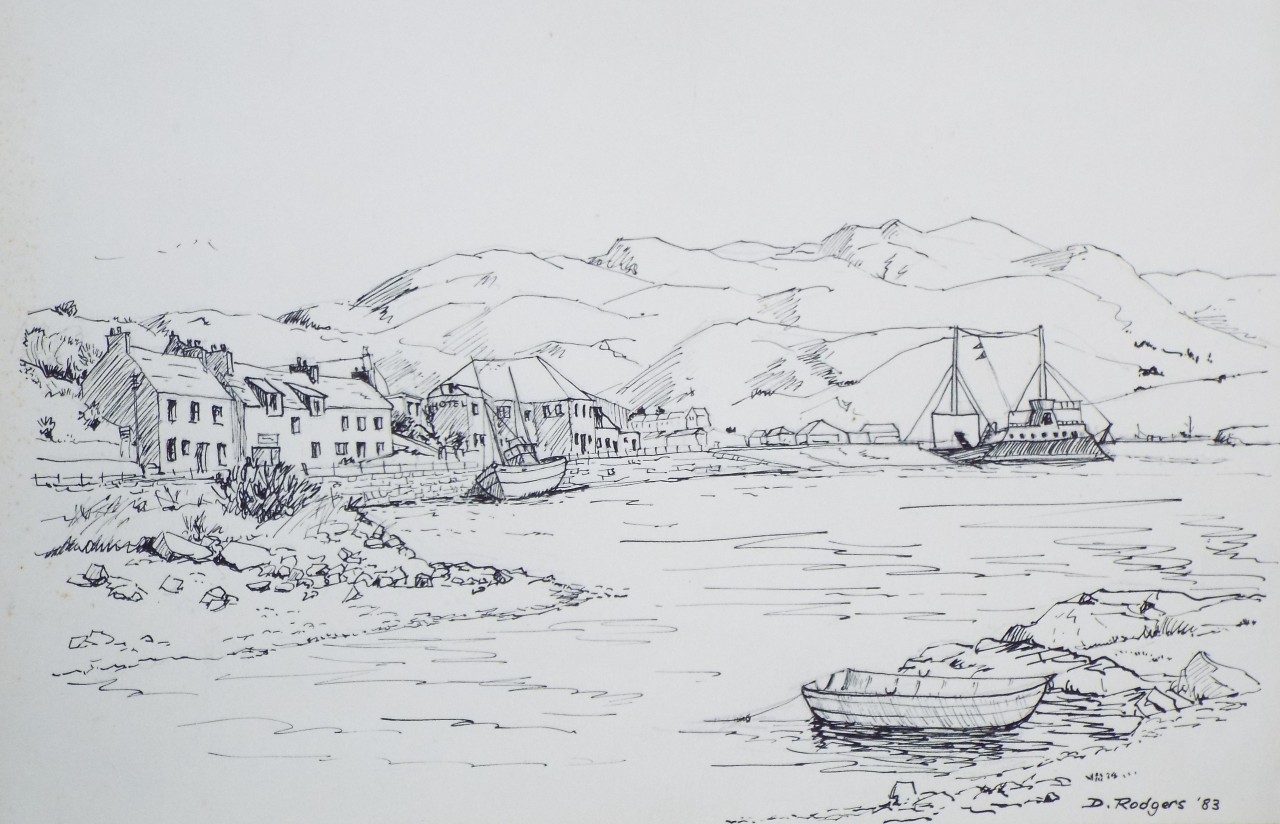 Ink drawing - Fishing village with ferry