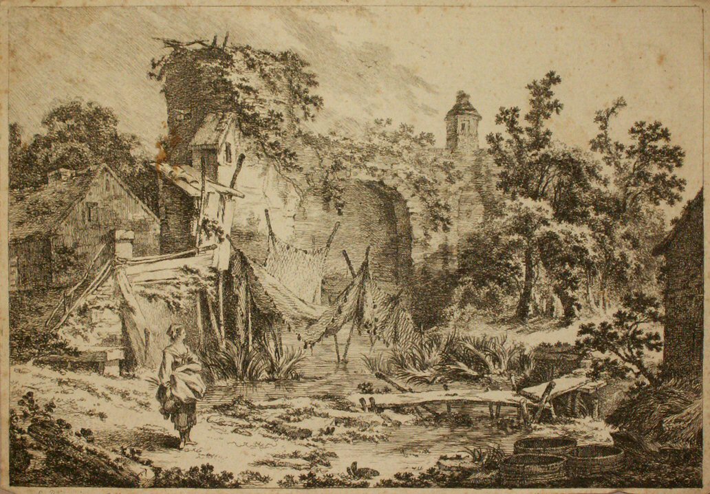 Etching - (Village scene with laundress)