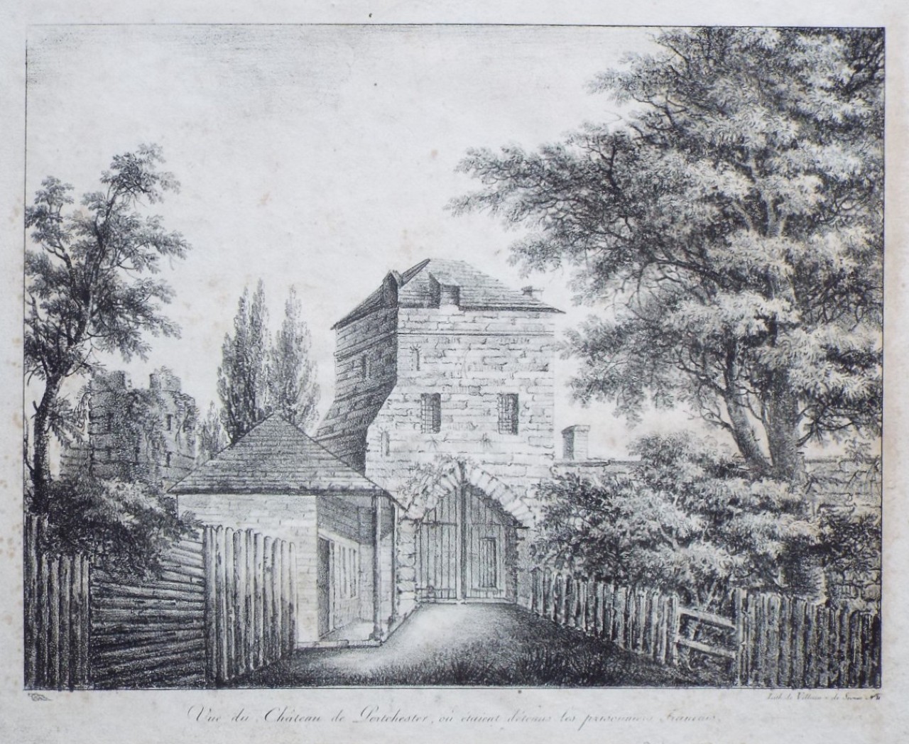 Lithograph - Vue de Chateau de Portchester, ou etaient detenus les prisonnieres Fraincais. - Villain