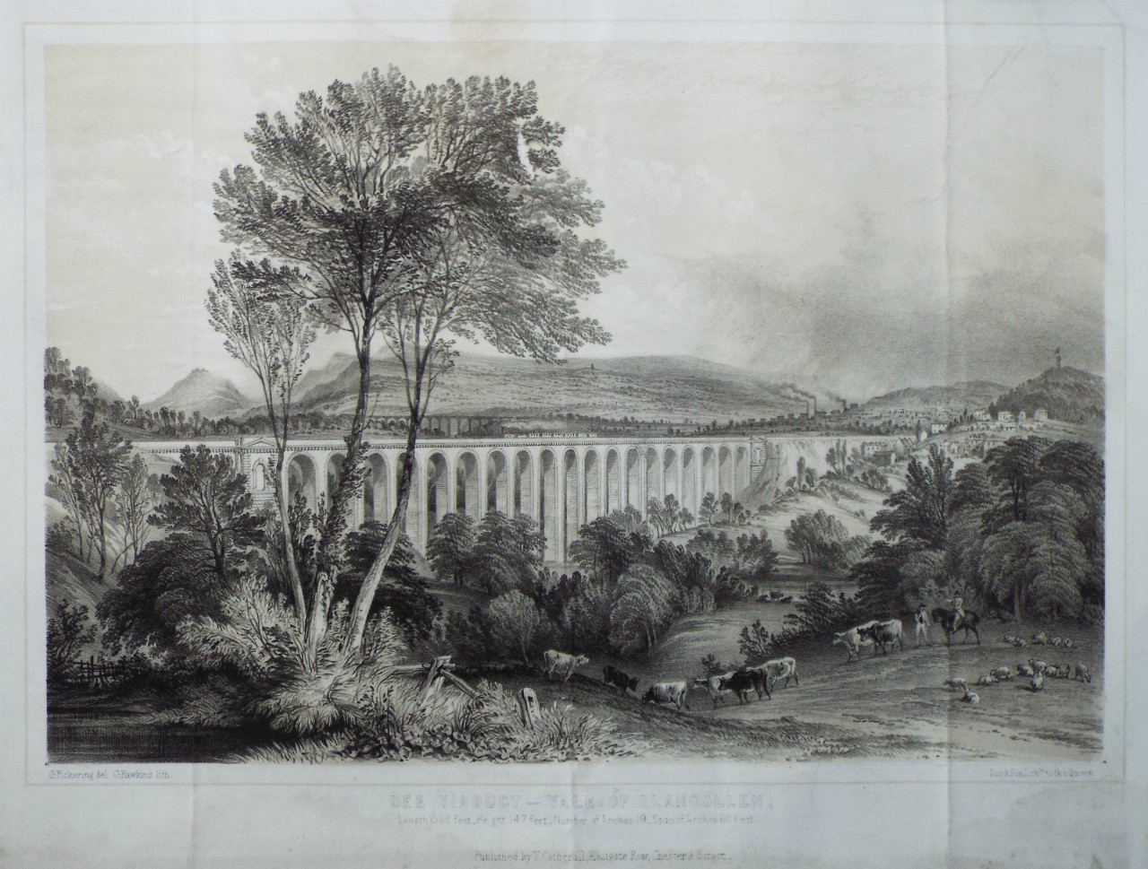 Lithograph - Dee Viaduct - Vale of Llangollen. - Hawkins