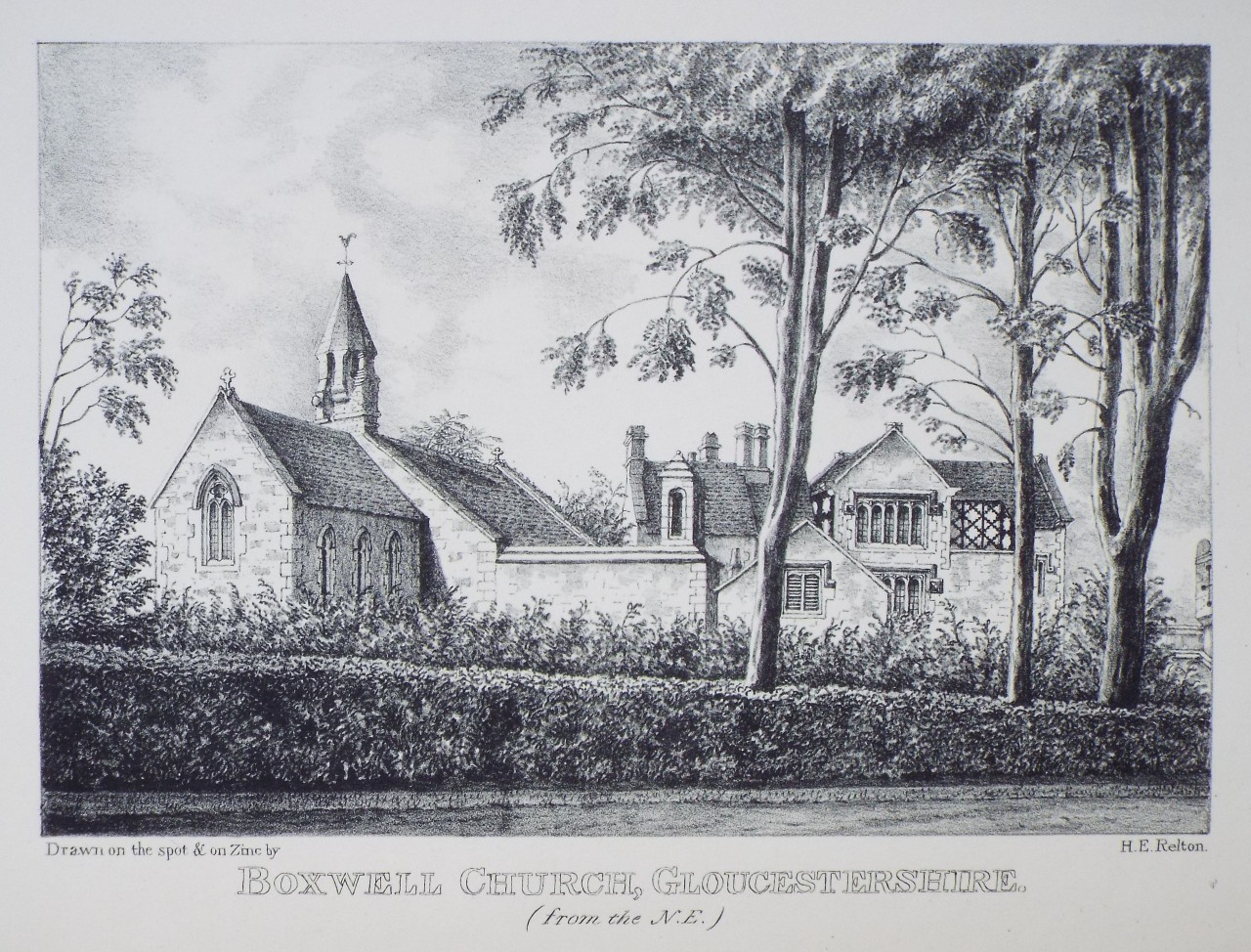 Zinc Lithograph - Boxwell Church, Gloucestershire. (from the N.E.) - Relton
