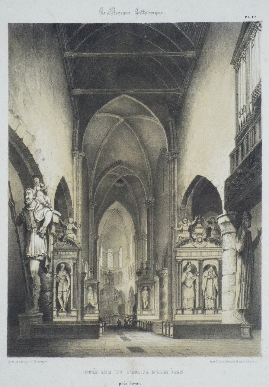 Lithograph - Interieur de l'Eglise d'Avenires pres Laval - Messager