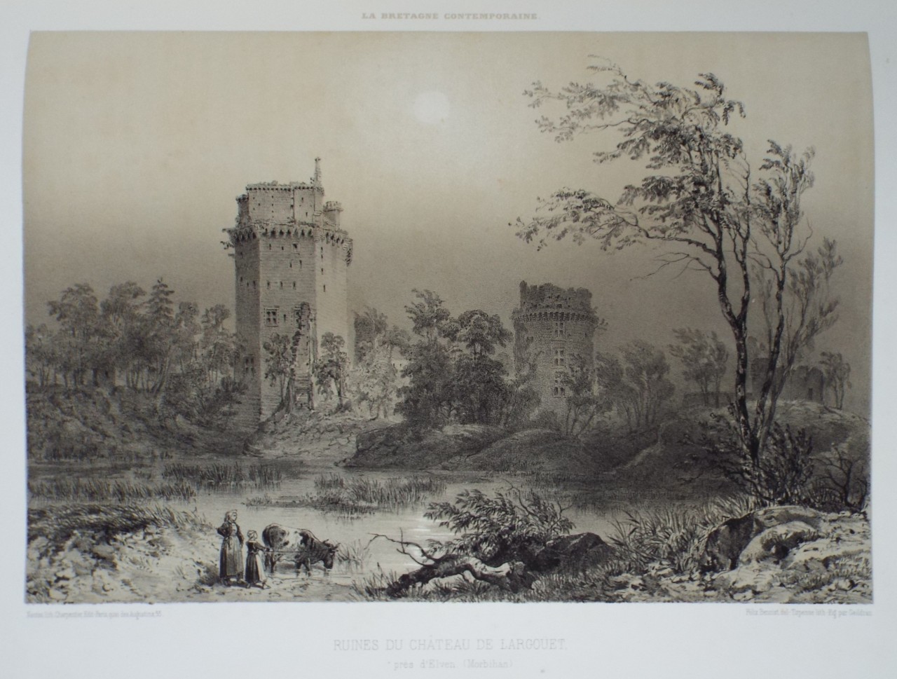 Lithograph - Ruines du Chateau de Largouet, pres d'Elven. (Morbihan) - 