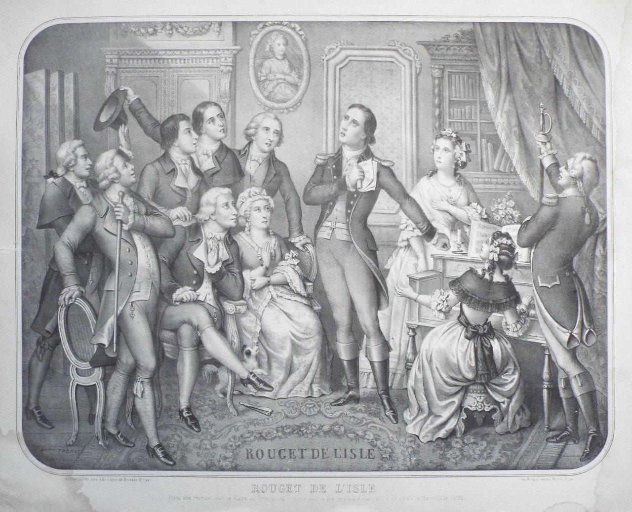 Lithograph - Rouget de L'Isle. Dans une reunion chez le Maire de Strasbourg il Chante pour le Premier Fois le Chant Patriotique appele La Marseillaise (1792) - Jannin