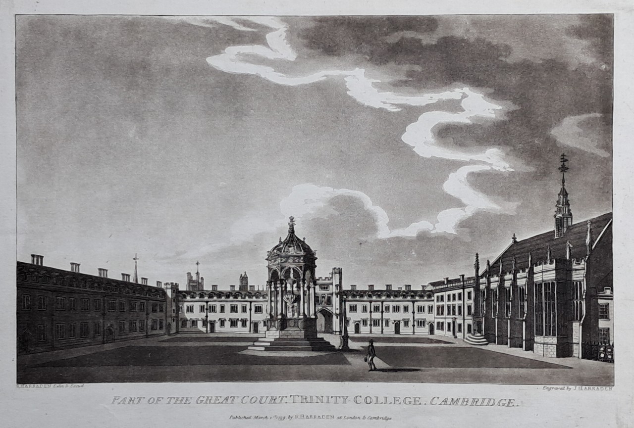 Aquatint - Part of the Great Court, Trinity College, Cambridge. - Harraden