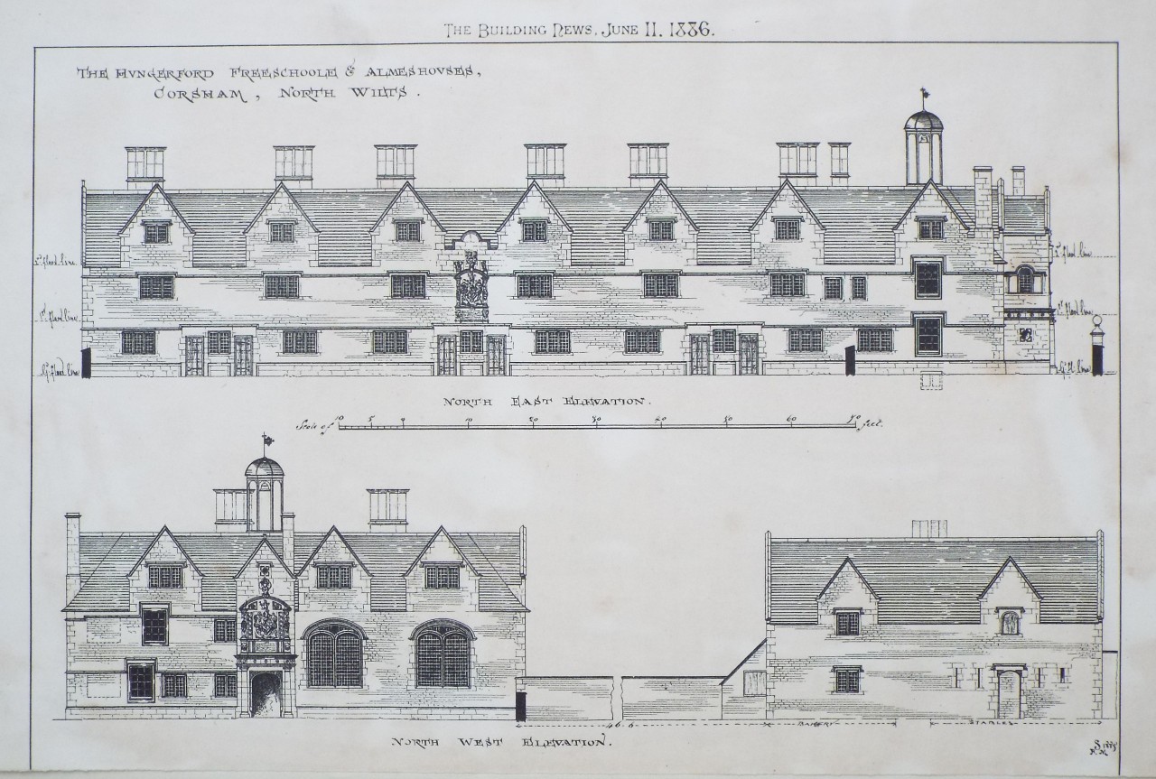 Photo-lithograph - The Hungerford Free School & Almshouses, Corsham, North Wilts.