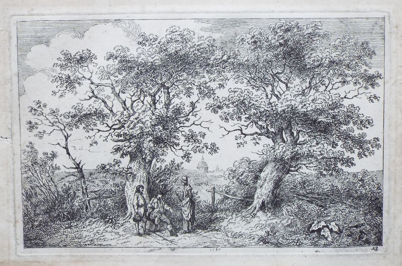 Etching - Figures in a landscape with two old oak trees. - Edwards