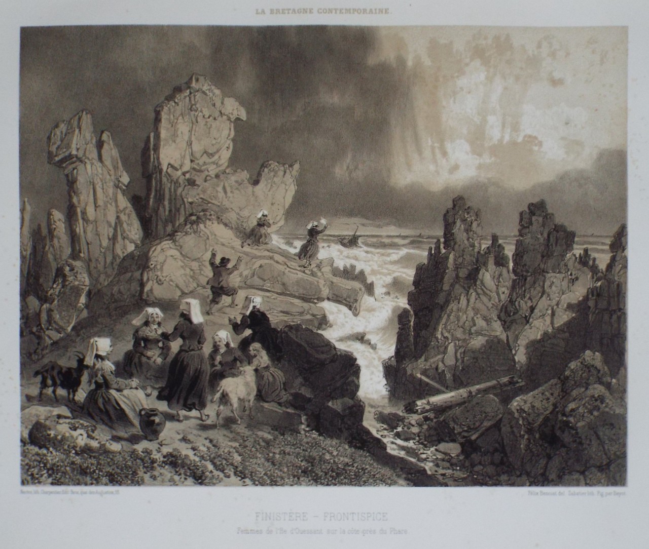 Lithograph - Finistere - Frontispiece. Femmes de l'Ile d'Ouessant sur la cote pres du Phare.