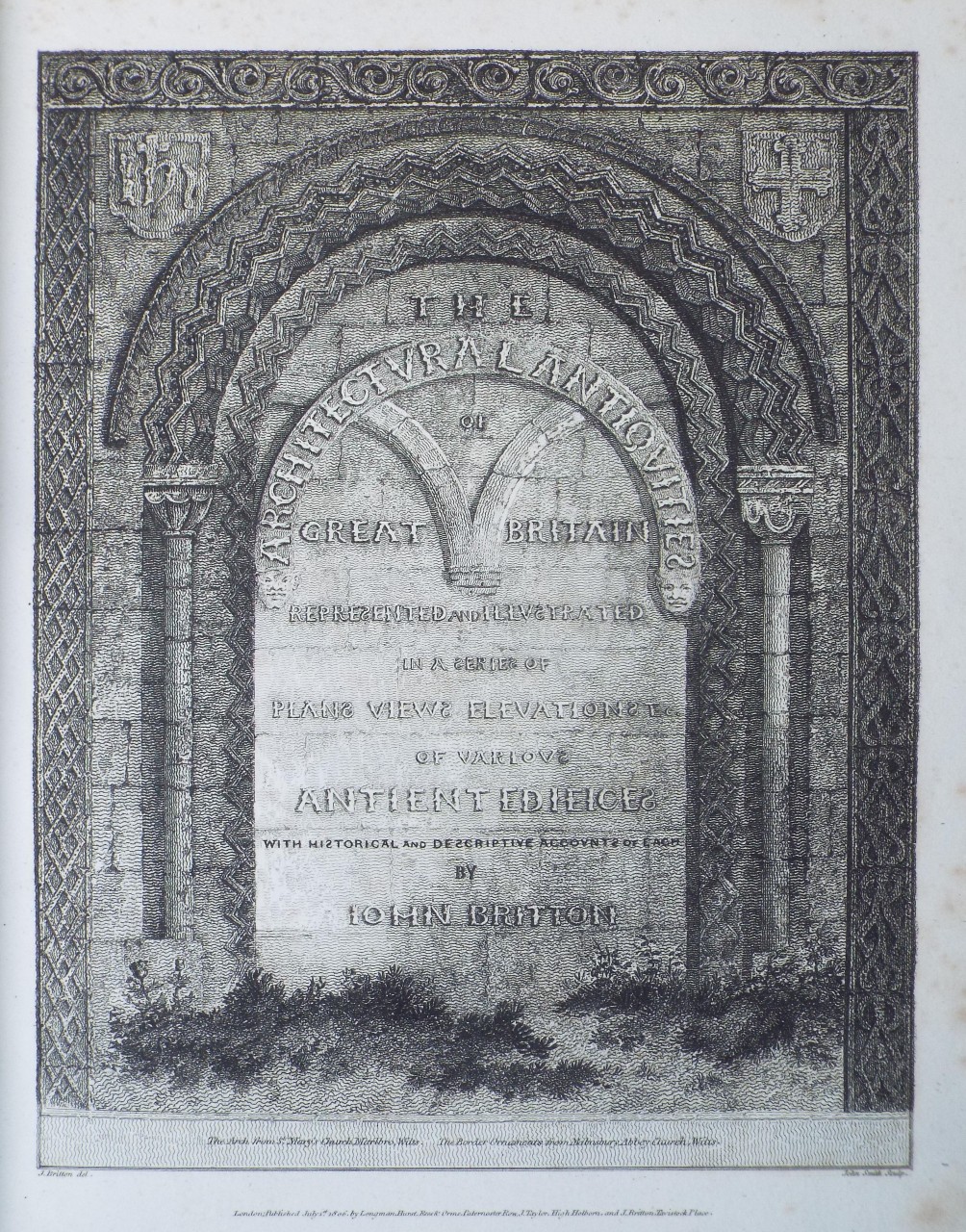 Print - The Arch from St. Mary's Church, Marlbro, Wilts. The Border Ornaments from Malmesbury Abbey-Church, Wilts. - Smith