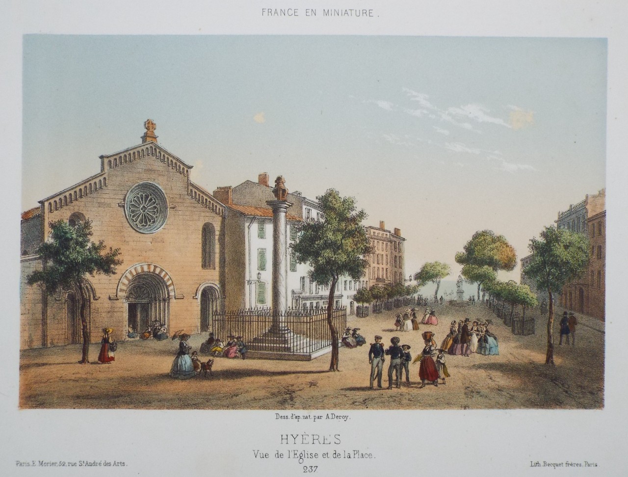 Lithograph - Hyeres. Vue de l'Eglise et de la Place. - 