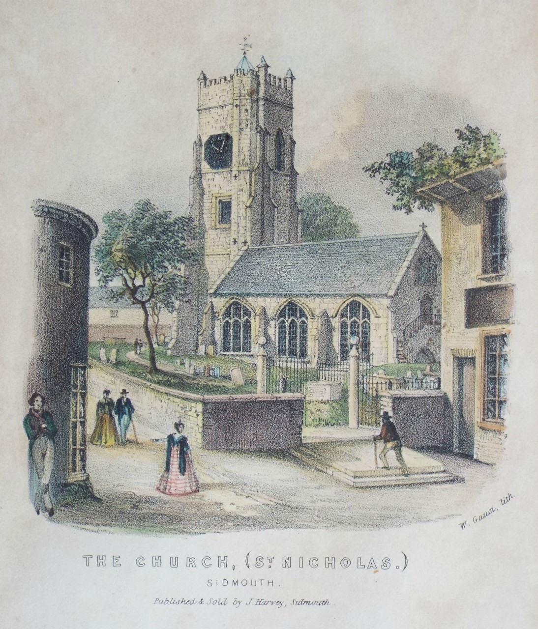 Lithograph - The Church, (St. Nicholas.) Sidmouth. - Gauci