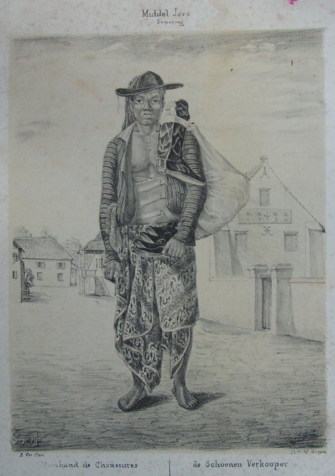 Lithograph - Middel Java Samarang. Marchandde Chaussures | de Schoenen Verkooper - Oegens