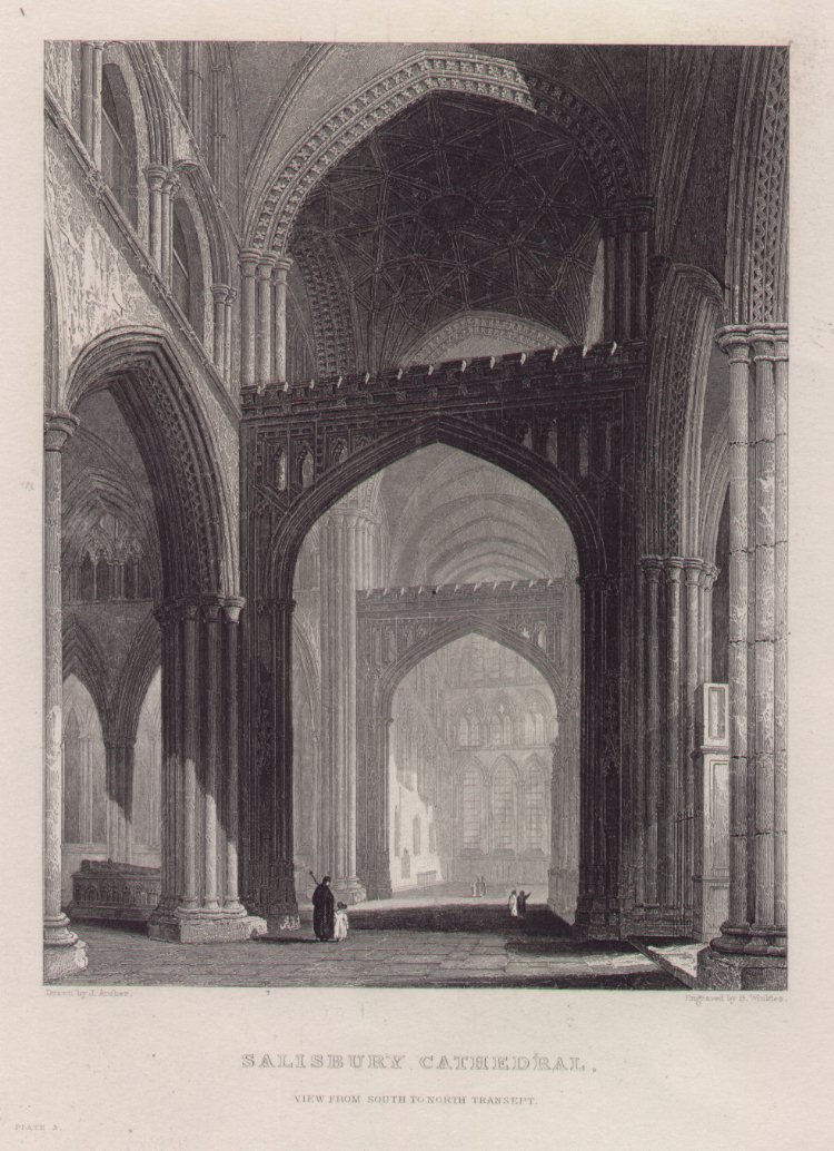 Print - Salisbury Cathedral. View from South to North Transept. Pl.3 - Winkles