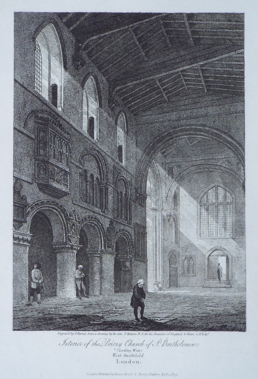 Print - Interior of the Priory Church of St. Bartholomew, (Looking West) West mithfield London. - Burnet