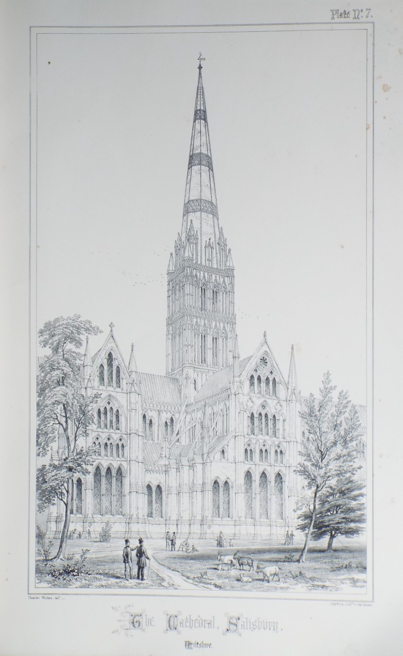 Lithograph - The Cathedral, Salisbury, Wiltshire.
