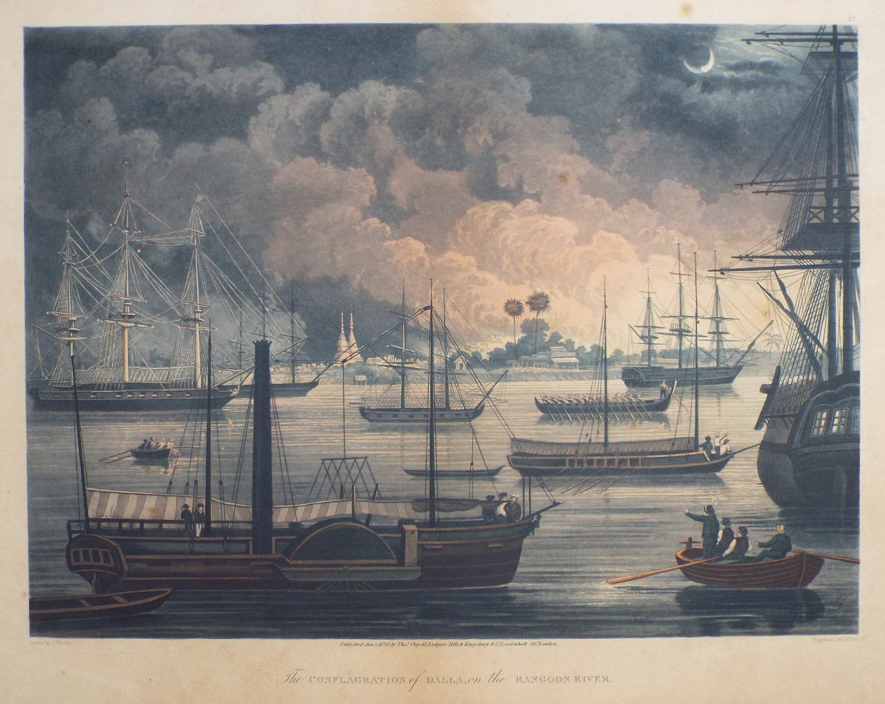 Aquatint - The Conflagration of Dalla, on the Rangoon River. - Hunt