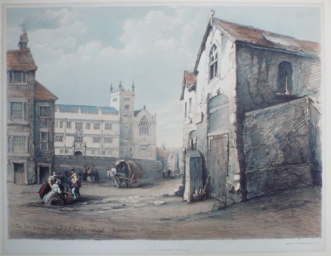 Lithograph - The Free Grammar School & St. Nicholas' Chapel Shrewsbury 1839 - Blunt