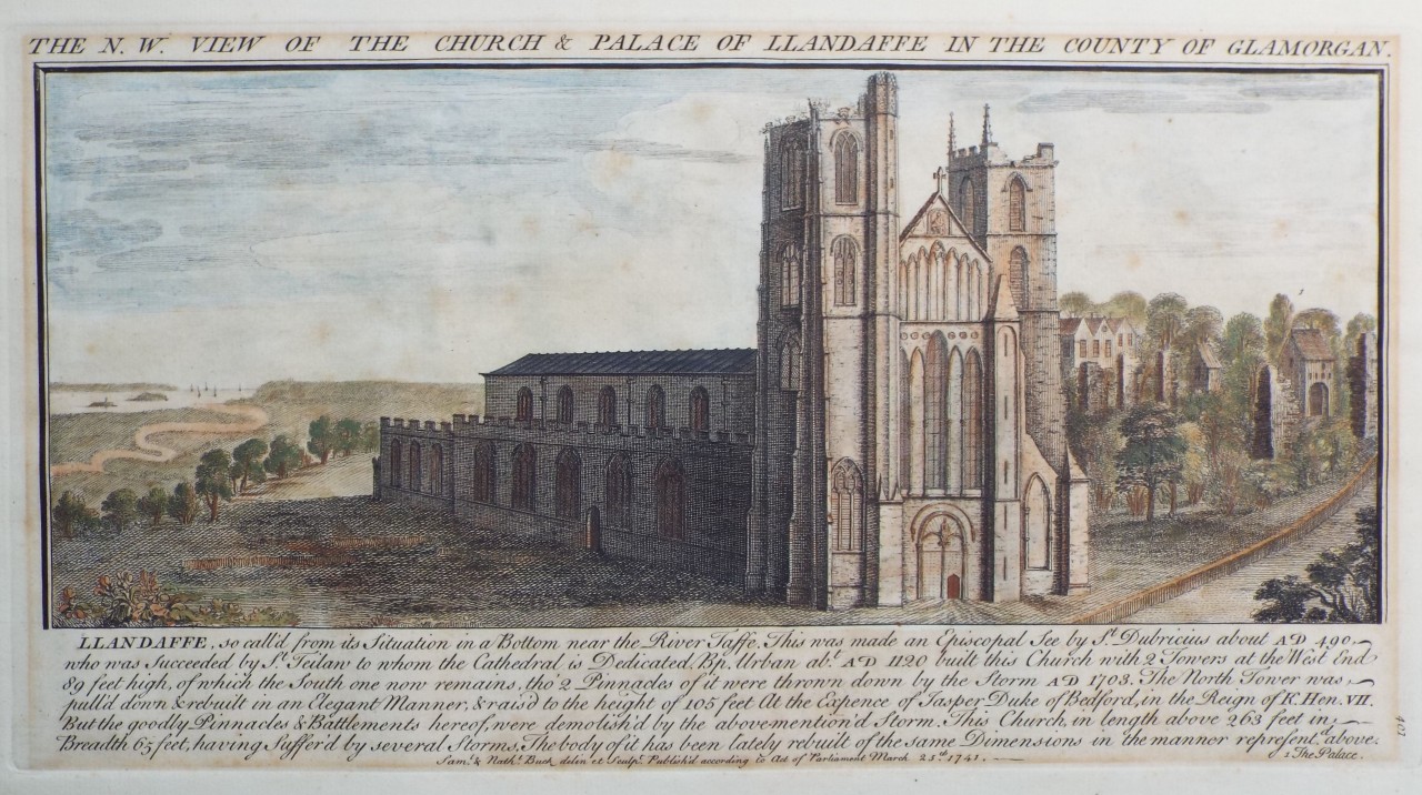 Print - The N. W. View of the Church & Palace of Llandaffe in the County of Glamorgan, - Buck