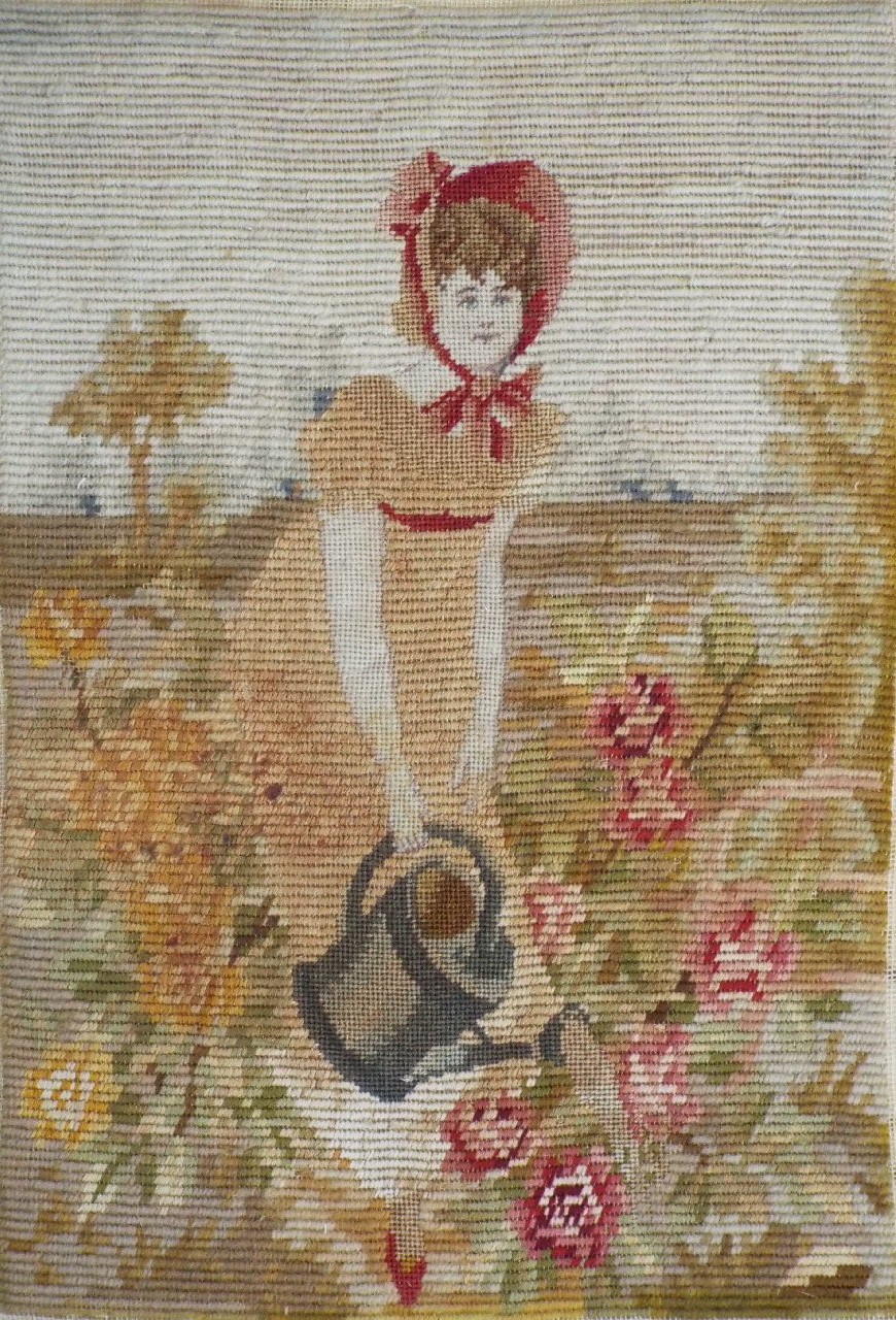 Needlepoint - Young woman in bonnet watering flowers