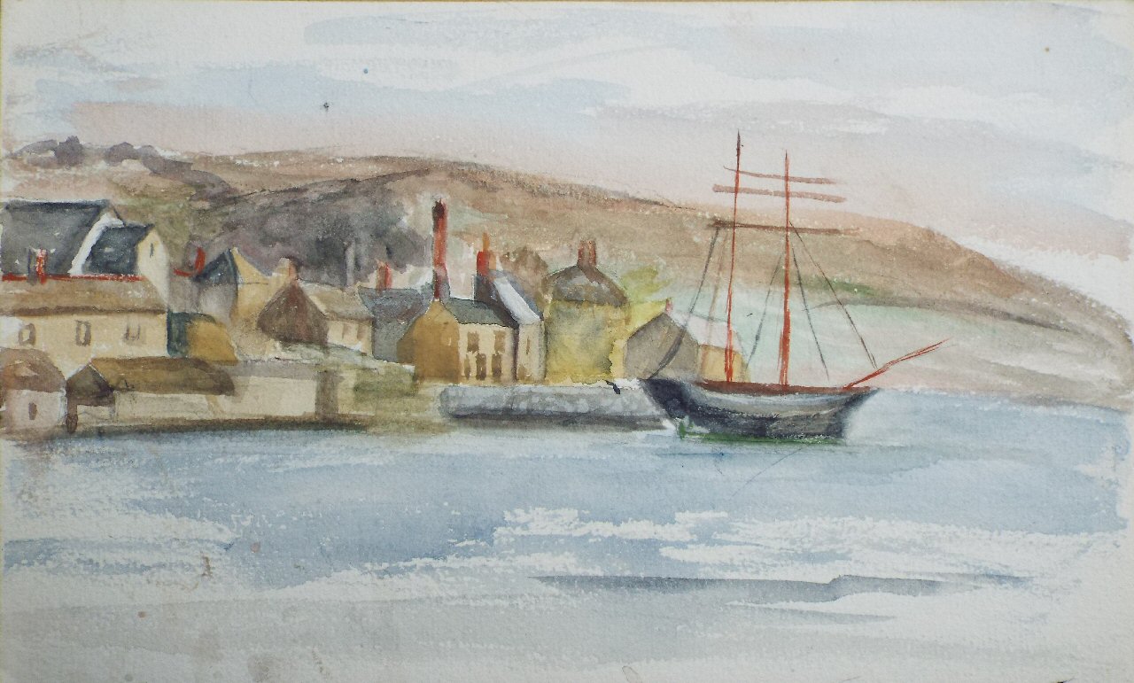 Watercolour - (Harbour with tall masted ship)