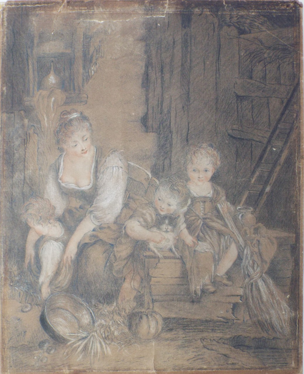Chalk Drawing - Mother with three children and a cat