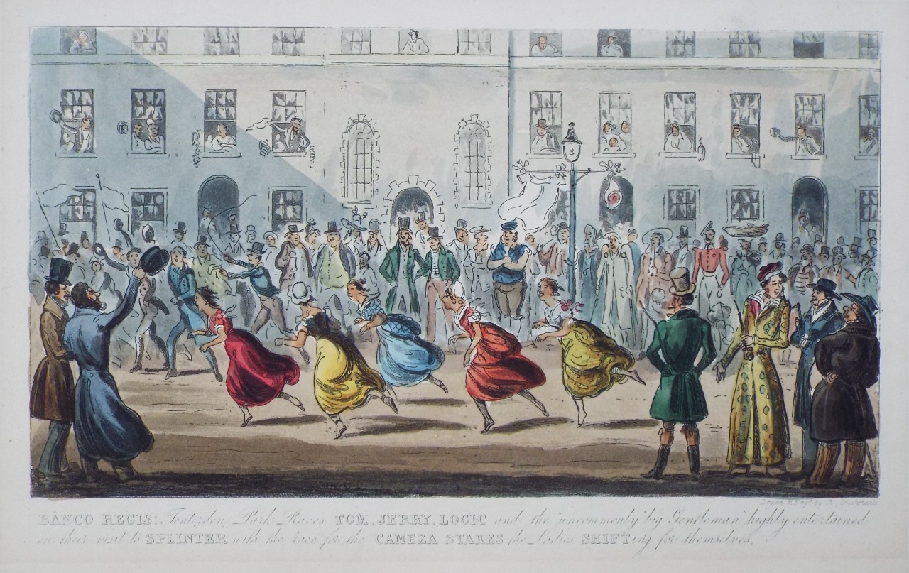 Aquatint - Banco Regis: Tenterden Park Races Tom, Jerry, Logic and the uncommonly big Young Gentleman highly entertained  on their visit to Splinter in the race for the Cameza Stakes the ladies Shifting for Themselves. - Cruikshank