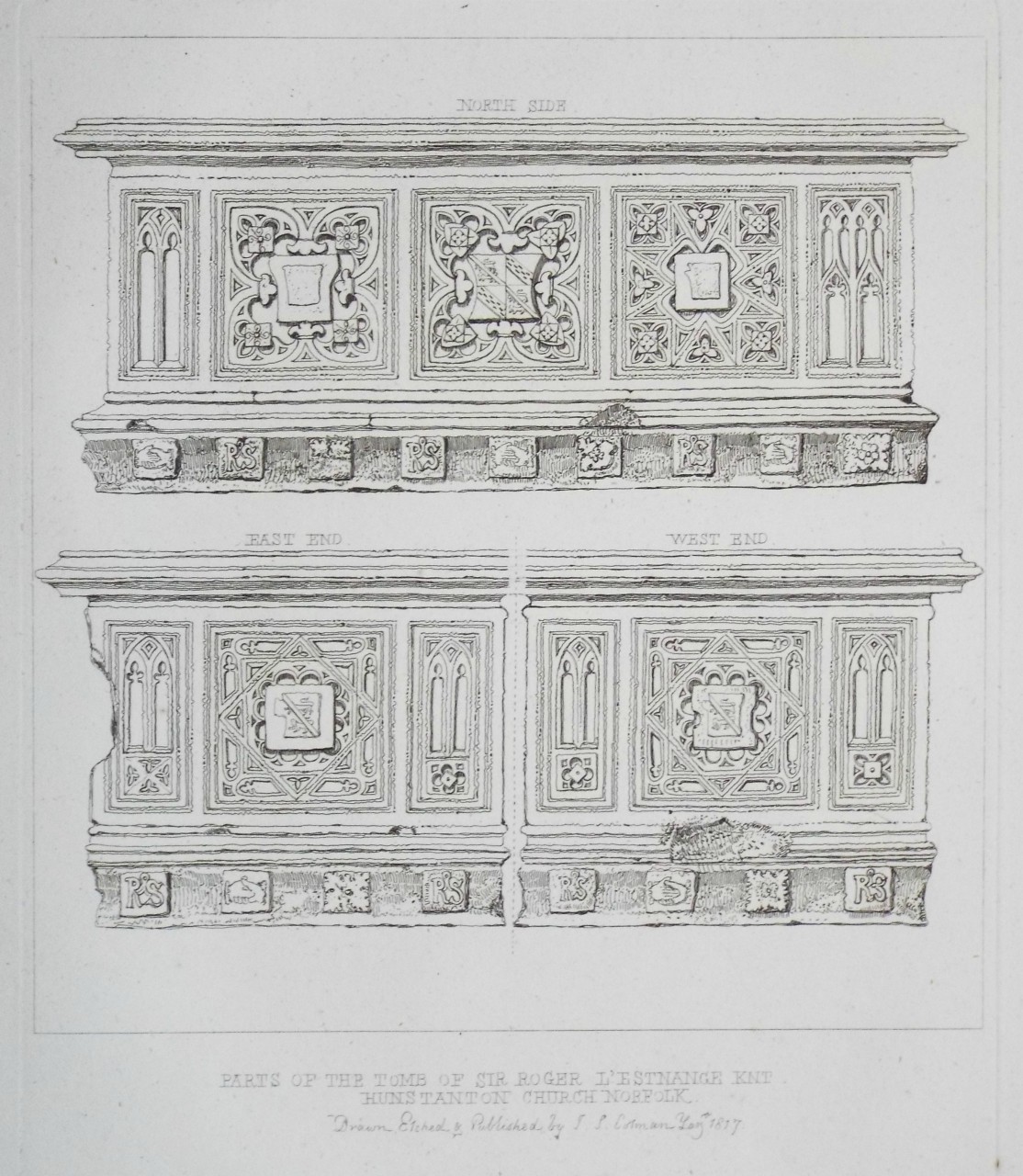 Etching - Parts of the Tomb of Sir Roger L'Estrange Knt Hunstanton Church Norfolk - Cotman