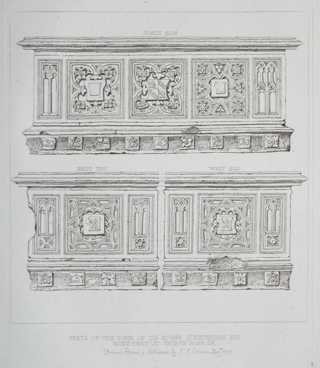 Etching - Parts of the Tomb of Sir Roger L'Estrange Knt Hunstanton Church Norfolk - Cotman