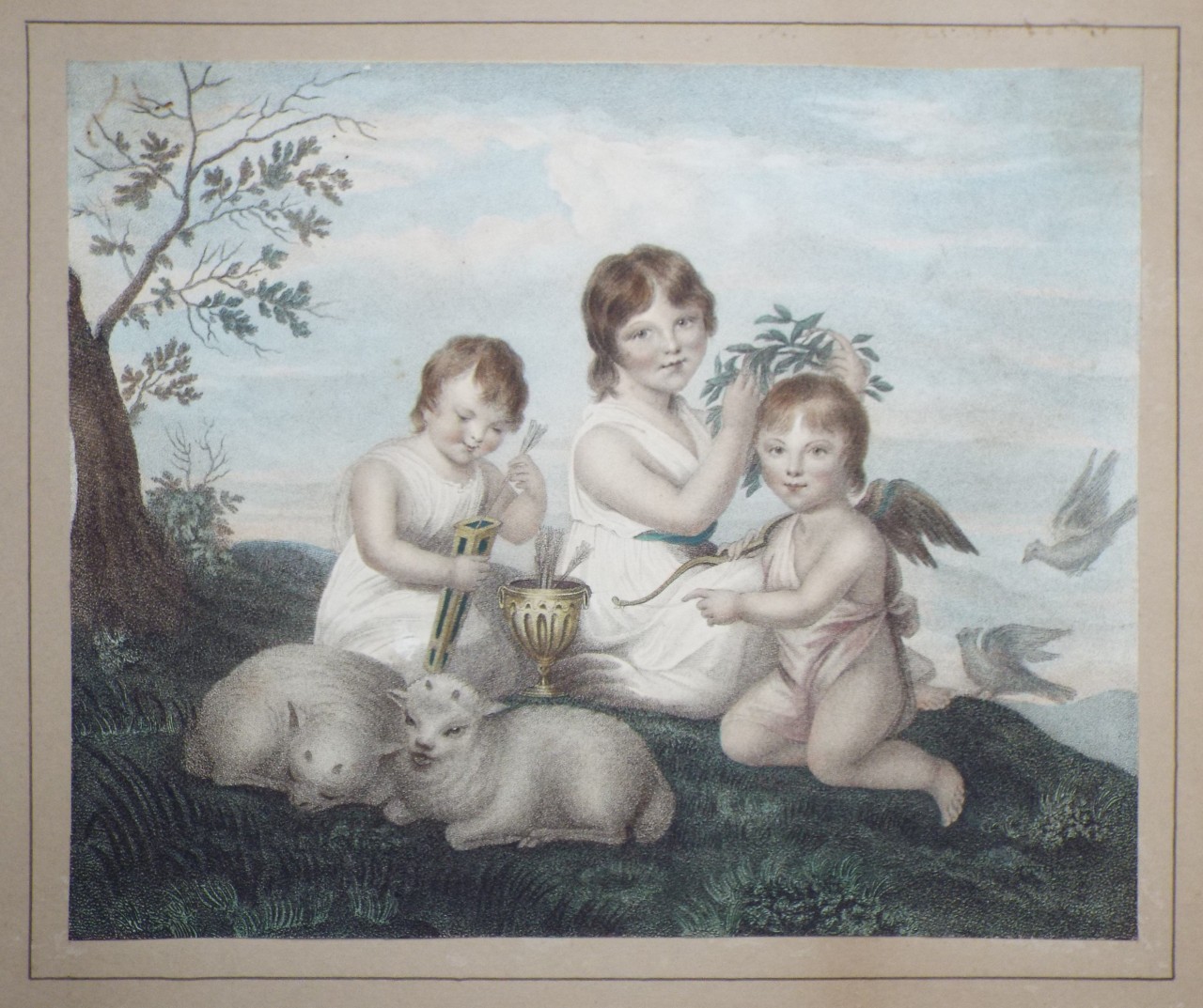 Stipple - A child with two putti and two lambs
